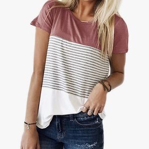 Round neck triple color block stripe T-shirt